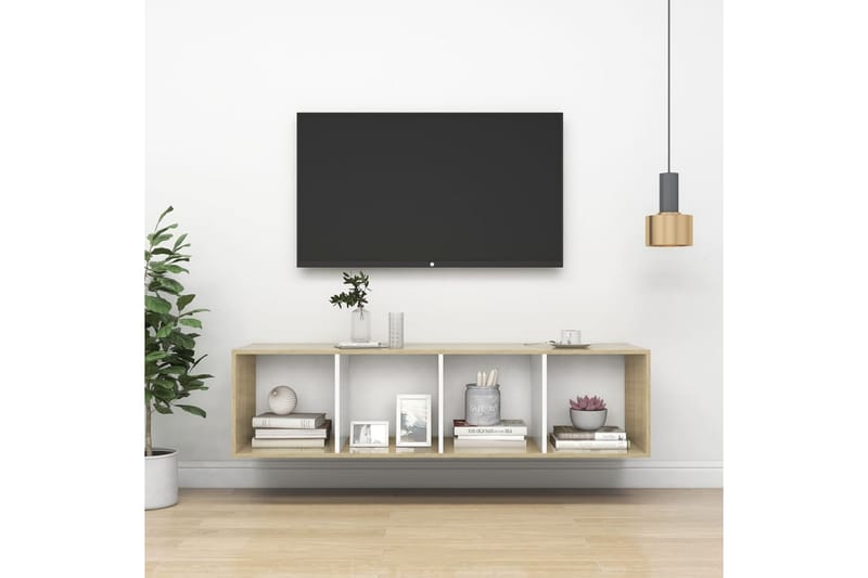 Vegghengt TV-benk sonoma eik og hvit 37x37x142,5cm sponplate - Beige - Møbler - Mediamøbel & tv møbel - Mediestativ & veggfeste