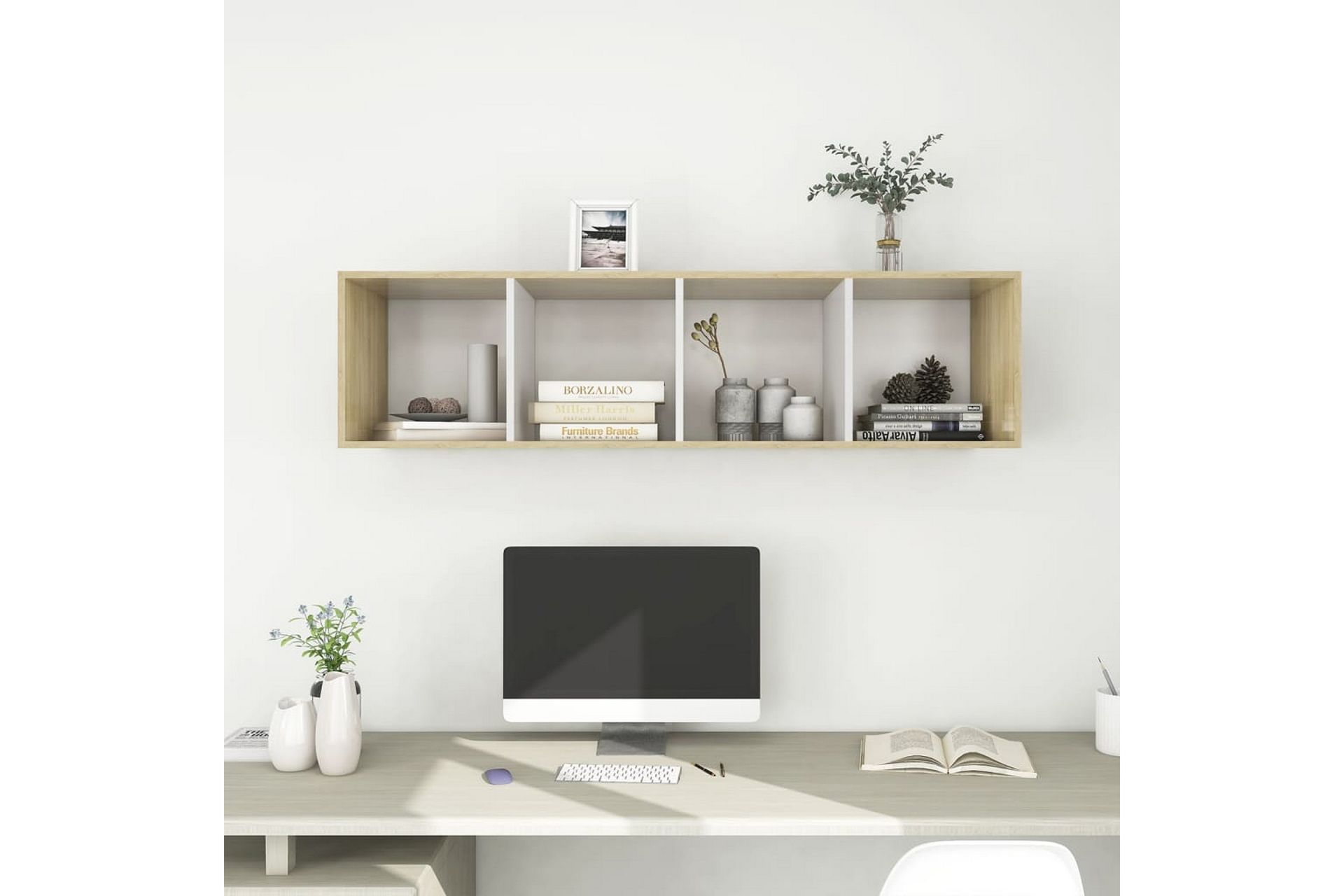 Vegghengt TV-benk sonoma eik og hvit 37x37x142,5cm sponplate - Beige - Møbler - Mediamøbel & tv møbel - Mediestativ & veggfeste