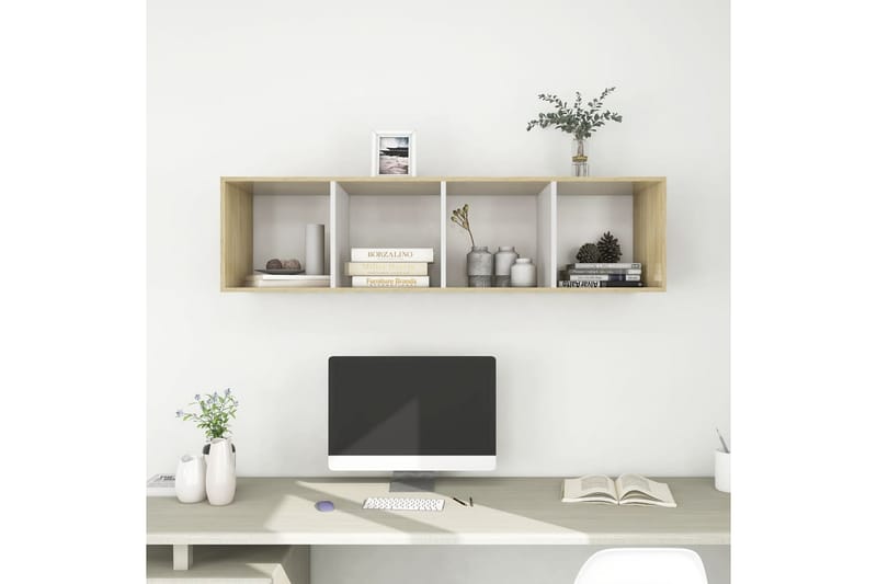Vegghengt TV-benk sonoma eik og hvit 37x37x142,5cm sponplate - Beige - Møbler - Mediamøbel & tv møbel - Mediestativ & veggfeste