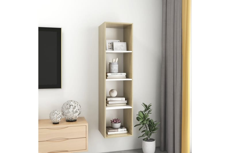 Vegghengt TV-benk sonoma eik og hvit 37x37x142,5cm sponplate - Beige - Møbler - Mediamøbel & tv møbel - Mediestativ & veggfeste