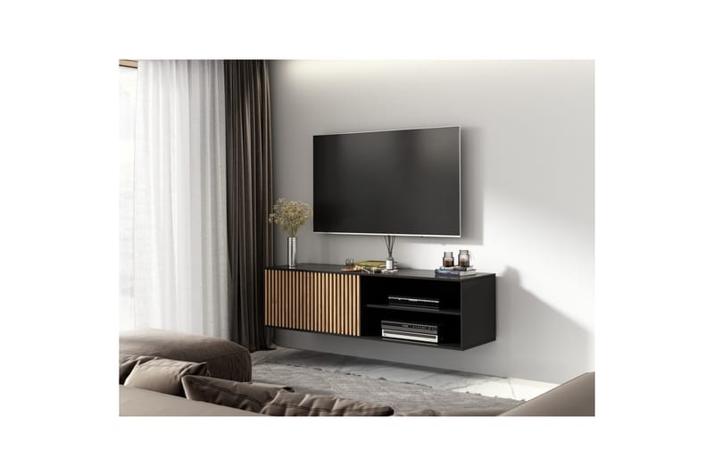 Meorati Veggmontert TV-benk 150 cm med Oppbevaring i Eik - Svart - Møbler - Mediamøbel & tv møbel - TV-benk & mediabenk