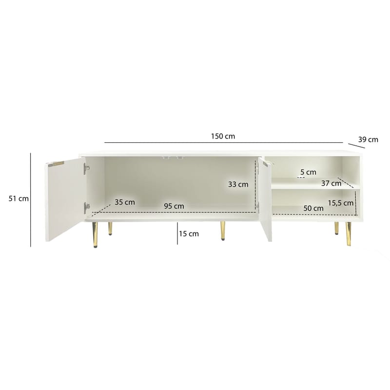 Morela TV-benk 150 cm - Hvit med gulldetaljer - Møbler - Mediamøbel & tv møbel - TV-benk & mediabenk