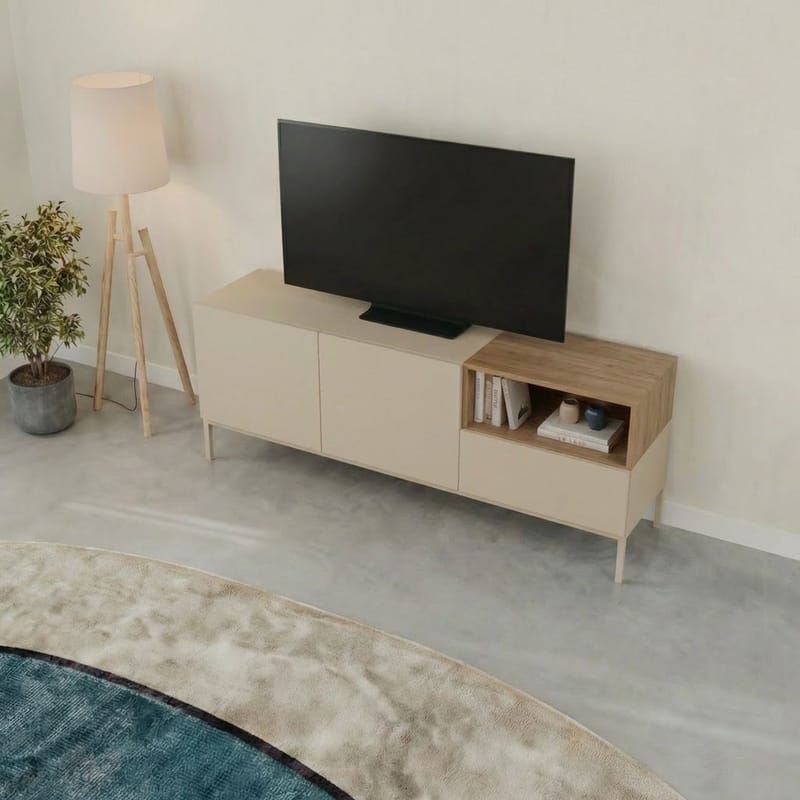 Morlen TV-benk 140 cm - Sandstein og naturlig eik - Møbler - Mediamøbel & tv møbel - TV-benk & mediabenk