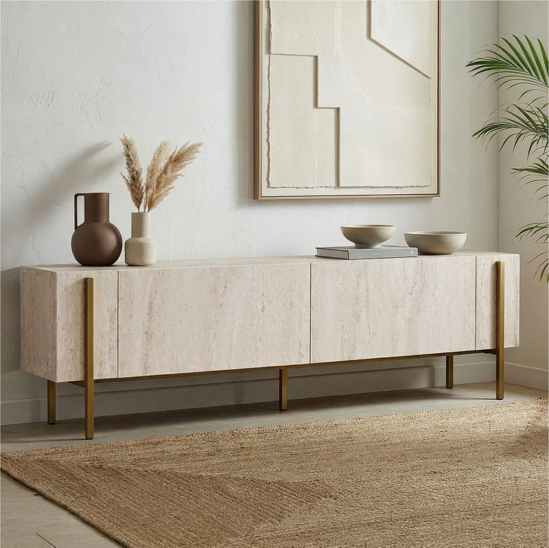 Nexus TV-benk 180 cm - Travertin og gull - Møbler - Mediamøbel & tv møbel - Mediestativ & veggfeste