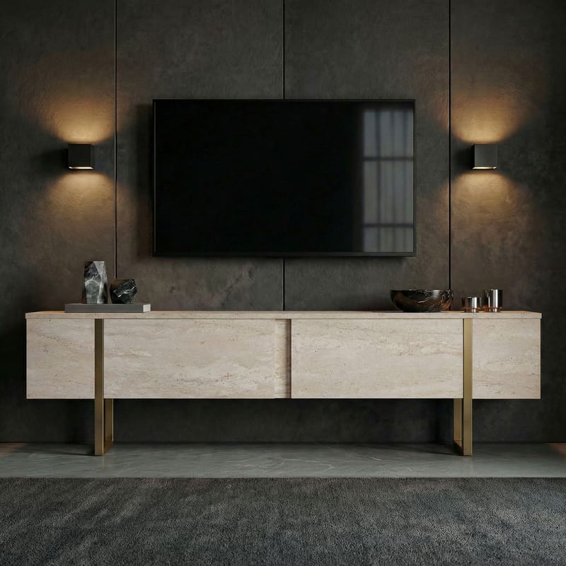 Nopira TV-benk 180 cm - Travertin og gull - Møbler - Mediamøbel & tv møbel - Mediestativ & veggfeste