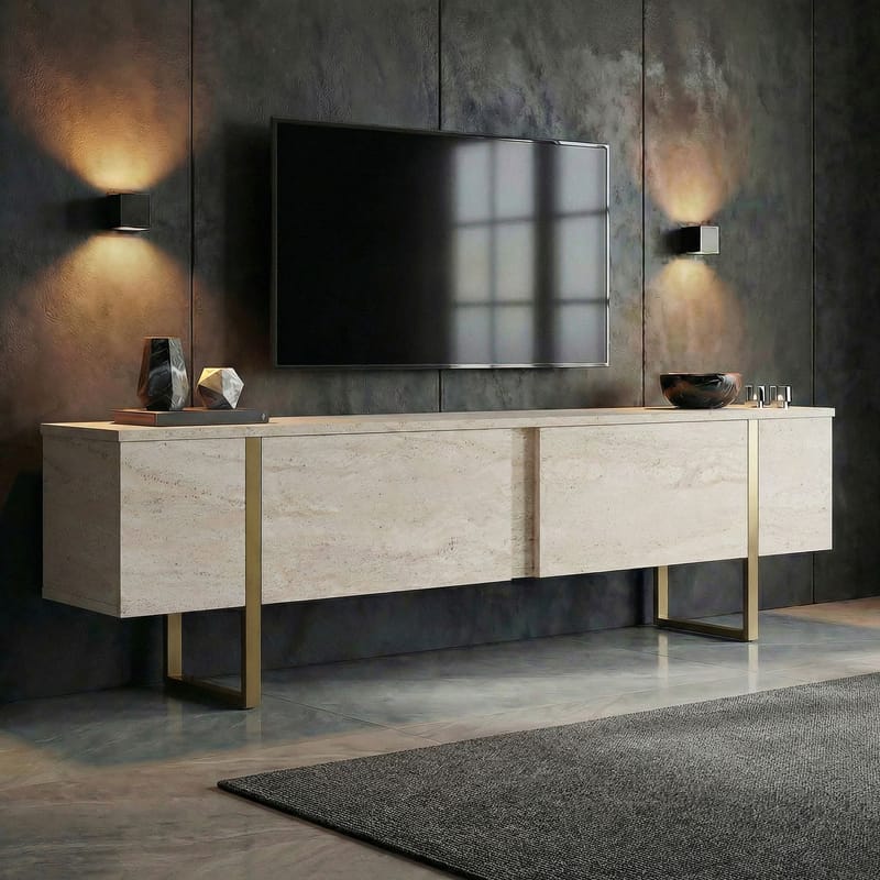 Nopira TV-benk 180 cm - Travertin/gull - Møbler - Mediamøbel & tv møbel - TV-benk & mediabenk