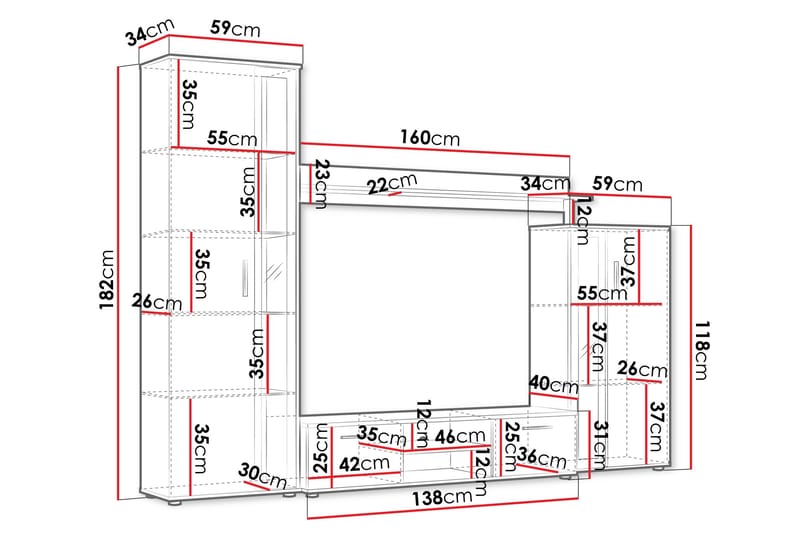 Olerum TV-møbelsett 256x40 cm - Hvit - Møbler - Mediamøbel & tv møbel - TV-møbelsett