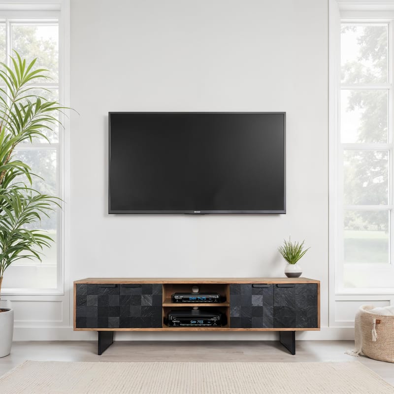 Olvian TV-benk 150 cm i massivt akasietre med fronter i steinlook og metall - Møbler - Mediamøbel & tv møbel - TV-benk & mediabenk