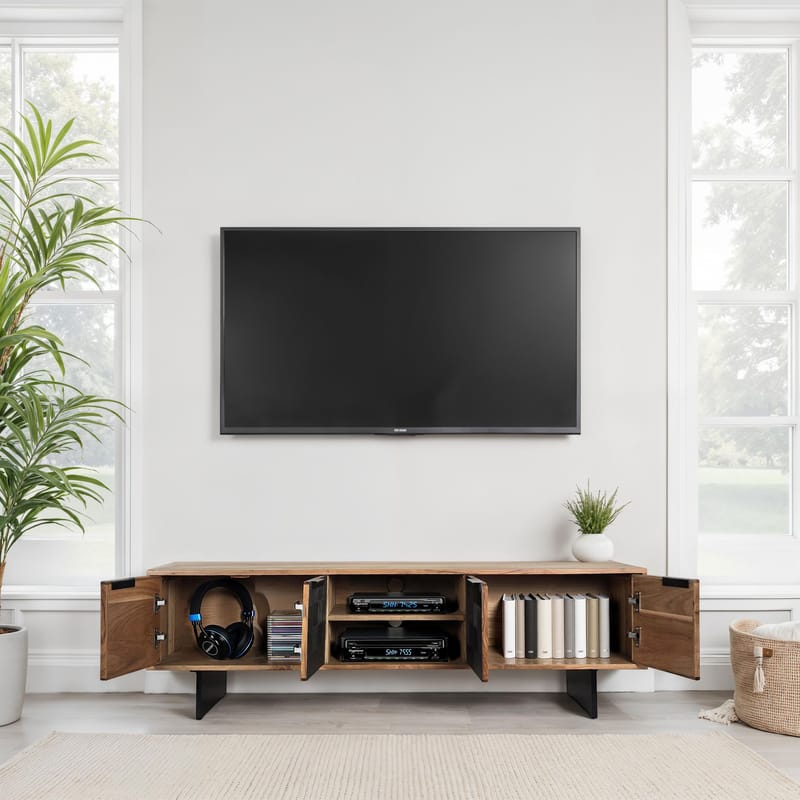 Olvian TV-benk 150 cm i massivt akasietre med fronter i steinlook og metall - Møbler - Mediamøbel & tv møbel - TV-benk & mediabenk