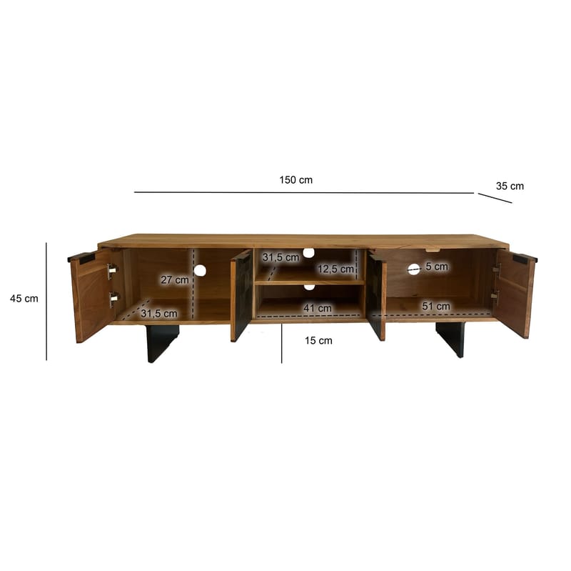 Olvian TV-benk 150 cm i massivt akasietre med fronter i steinlook og metall - Møbler - Mediamøbel & tv møbel - TV-benk & mediabenk