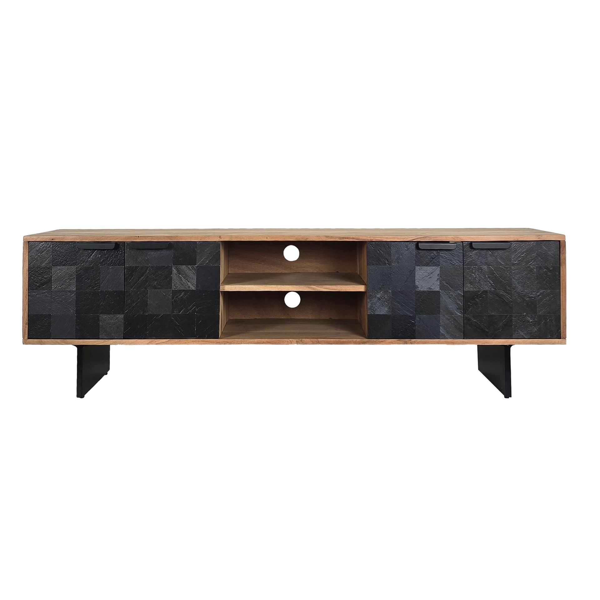 Olvian TV-benk 150 cm i massivt akasietre med fronter i steinlook og metall -