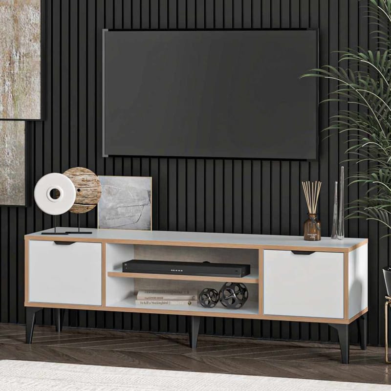 Olyros TV-benk 140 cm med Oppbevaring i Tre med Metallben - Hvit - Møbler - Mediamøbel & tv møbel - TV-benk & mediabenk