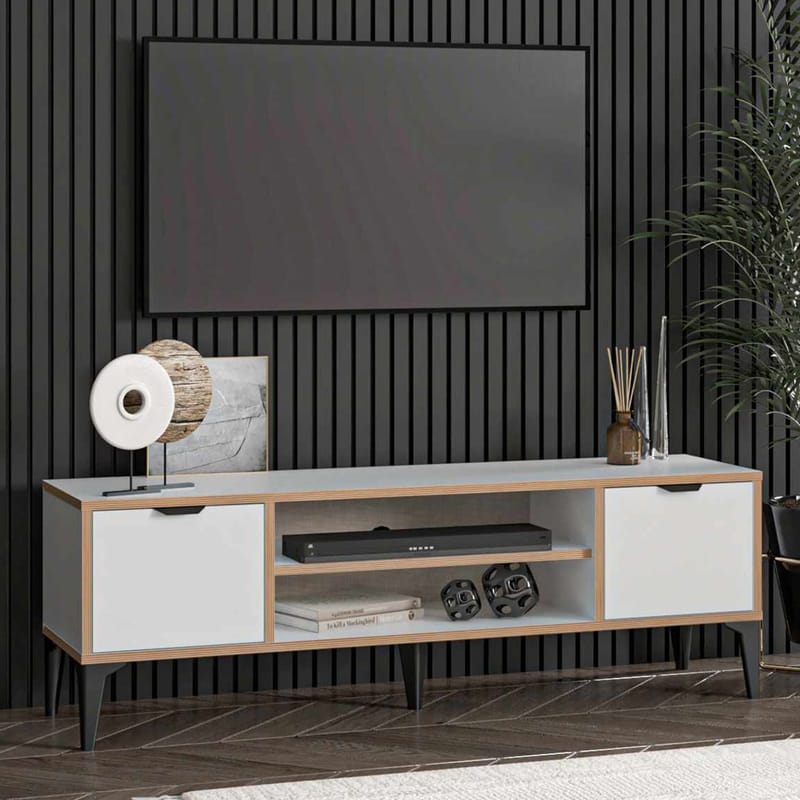 Olyros TV-benk 140 cm med Oppbevaring i Tre med Metallben - Hvit - Møbler - Mediamøbel & tv møbel - TV-benk & mediabenk