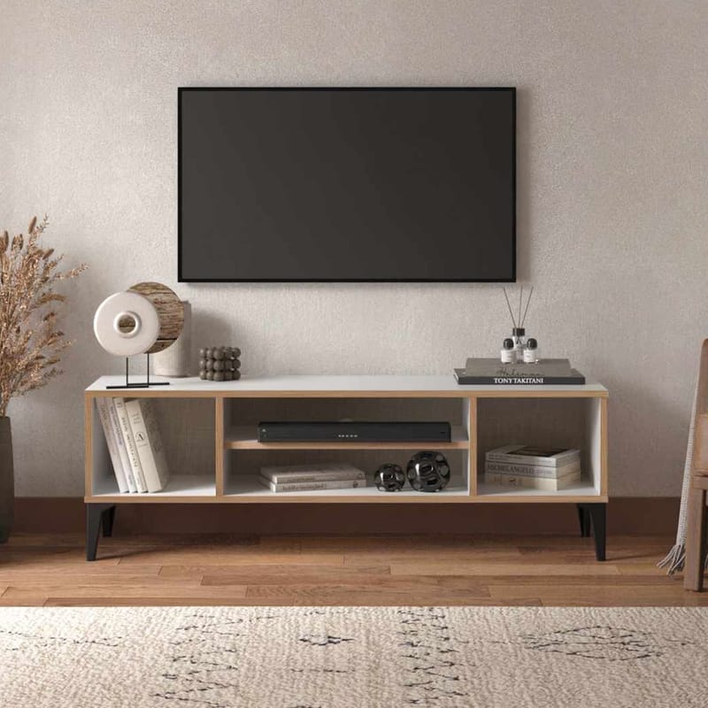 Olyros TV-benk 140 cm med Oppbevaring i Tre med Metallben - Hvit - Møbler - Mediamøbel & tv møbel - TV-benk & mediabenk