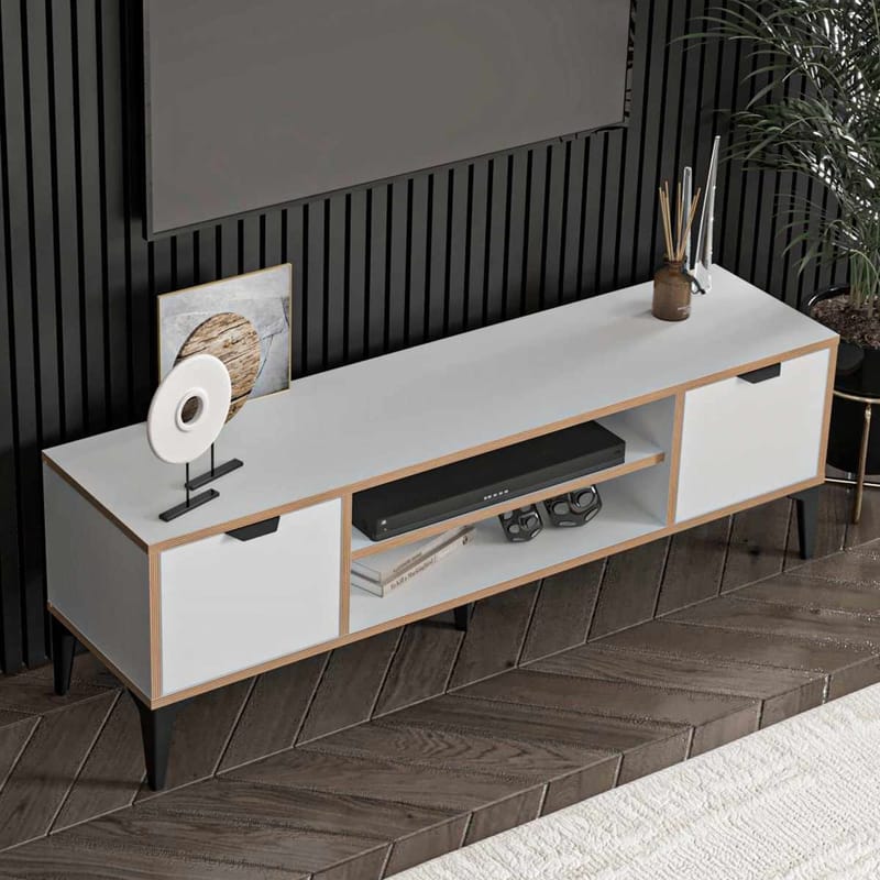 Olyros TV-benk 140 cm med Oppbevaring i Tre med Metallben - Hvit - Møbler - Mediamøbel & tv møbel - TV-benk & mediabenk