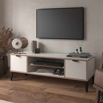 Olyros TV-benk 140 cm med Oppbevaring i Tre med Metallben - Hvit - Møbler - Mediamøbel & tv møbel - TV-benk & mediabenk