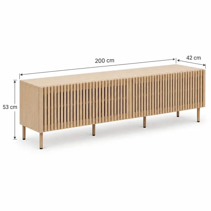 Peyra Ribbet TV-benk 200 cm med Oppbevaring, Tre- og Eikeutseende - Natur - Møbler - Mediamøbel & tv møbel - TV-benk & mediabenk