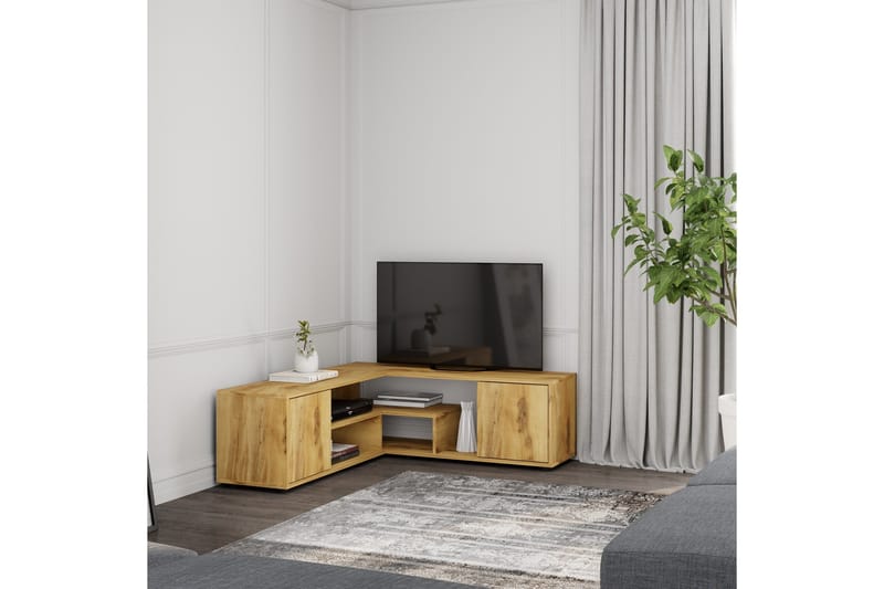 Pienk Hjørne TV-benk i Tre 125 cm med Oppbevaring i Eik - Brun - Møbler - Mediamøbel & tv møbel - TV-benk & mediabenk