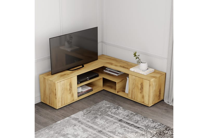 Pienk Hjørne TV-benk i Tre 125 cm med Oppbevaring i Eik - Brun - Møbler - Mediamøbel & tv møbel - TV-benk & mediabenk
