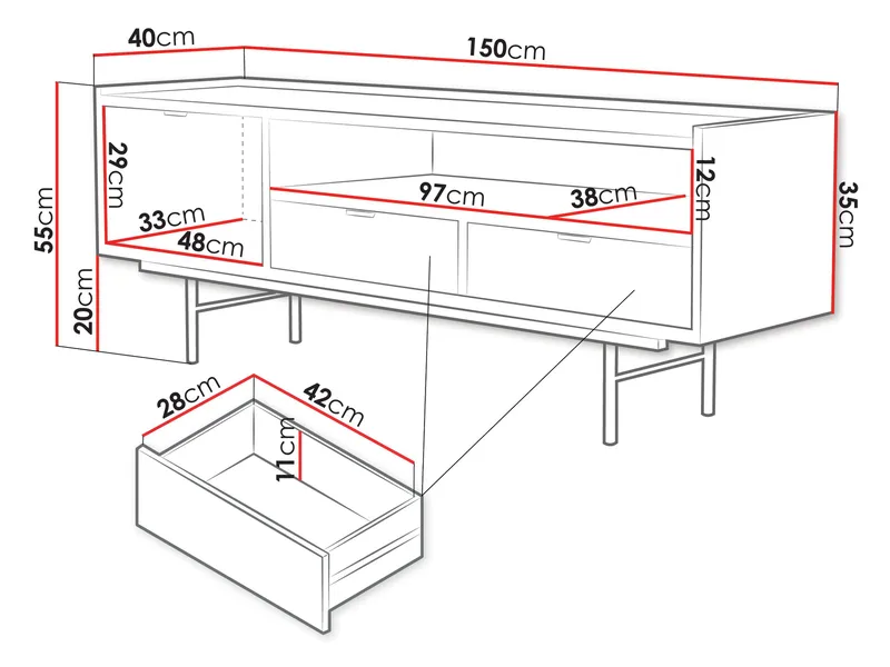 Rolden Gulvstående TV-benk 150 cm med Oppbevaring i Tre med Metallben - Brun - Møbler - Mediamøbel & tv møbel - TV-benk & mediabenk