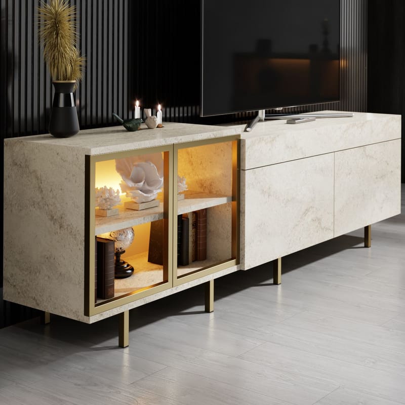 Seyring TV-benk 190 cm - Travertin og gull - Møbler - Mediamøbel & tv møbel - TV-benk & mediabenk