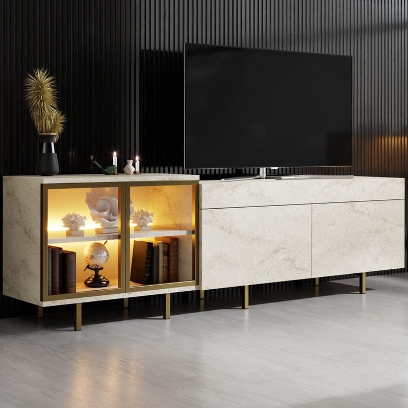 Seyring TV-benk 190 cm - Travertin og gull - Møbler - Mediamøbel & tv møbel - TV-benk & mediabenk