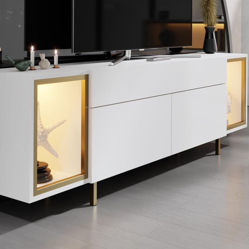 Sosan TV-benk 180x55x32 cm - Hvit og gull - Møbler - Mediamøbel & tv møbel - TV-benk & mediabenk