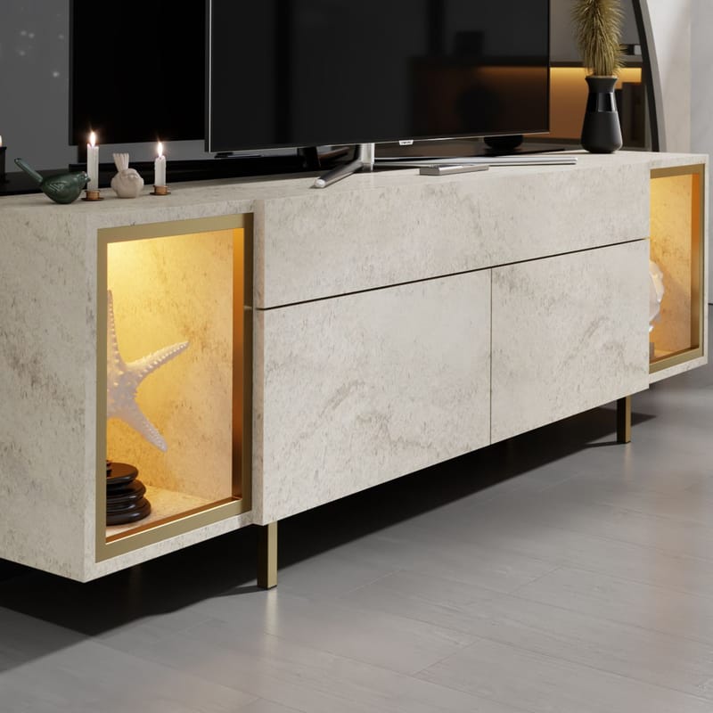 Sosan TV-benk 180x55x32 cm - Travertin og gull - Møbler - Mediamøbel & tv møbel - TV-benk & mediabenk