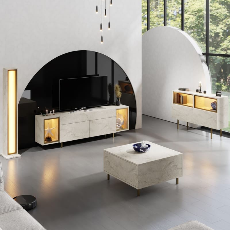 Sosan TV-benk 180x55x32 cm - Travertin og gull - Møbler - Mediamøbel & tv møbel - TV-benk & mediabenk