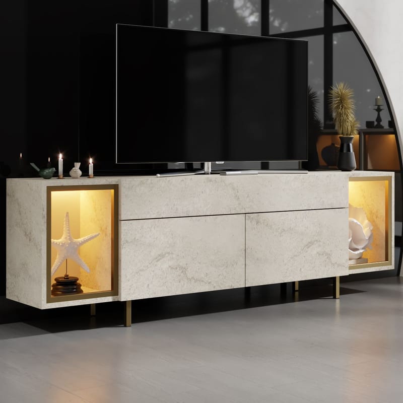 Sosan TV-benk 180x55x32 cm - Travertin og gull - Møbler - Mediamøbel & tv møbel - TV-benk & mediabenk