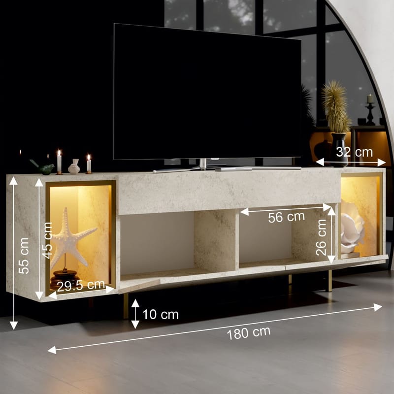 Sosan TV-benk 180x55x32 cm - Travertin og gull - Møbler - Mediamøbel & tv møbel - TV-benk & mediabenk