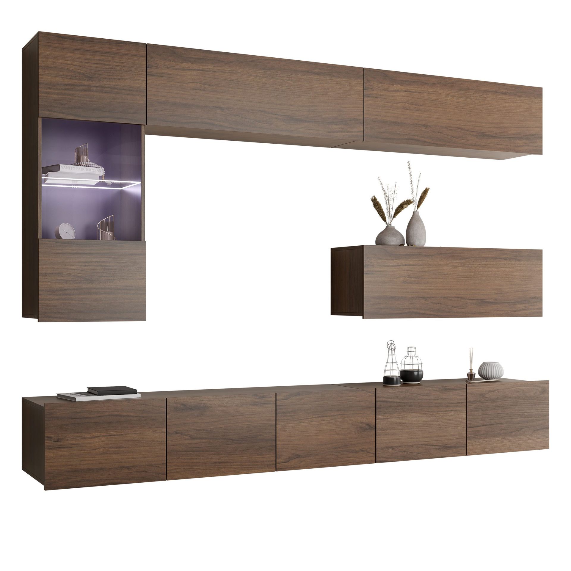Tessan TV-veggseksjon med LED-belysning - brun