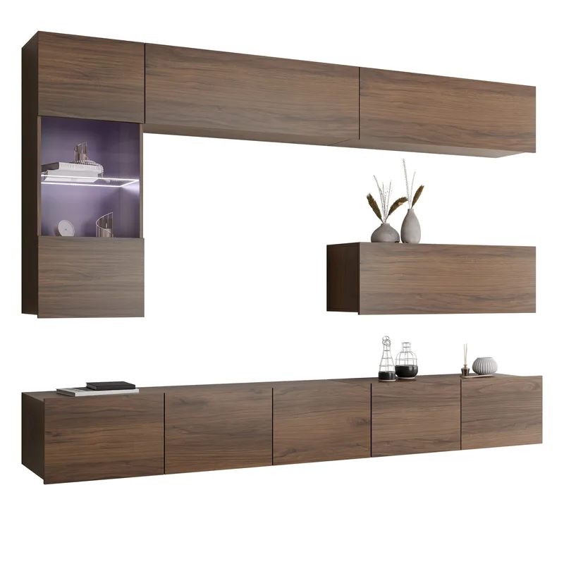 Tessan TV-veggseksjon med LED-belysning, brun