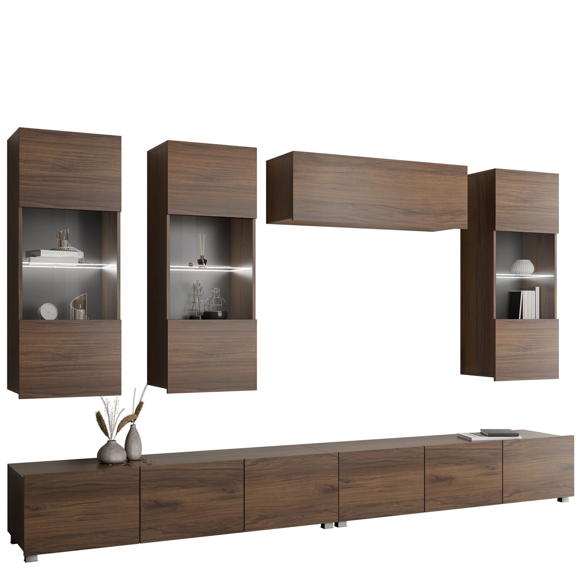 Tessan TV-veggseksjon med LED-belysning - brun