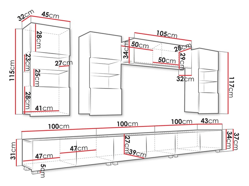 Tessan TV-veggseksjon med LED-belysning - brun - M øbler - Mediamøbel & tv møbel - TV-møbelsett