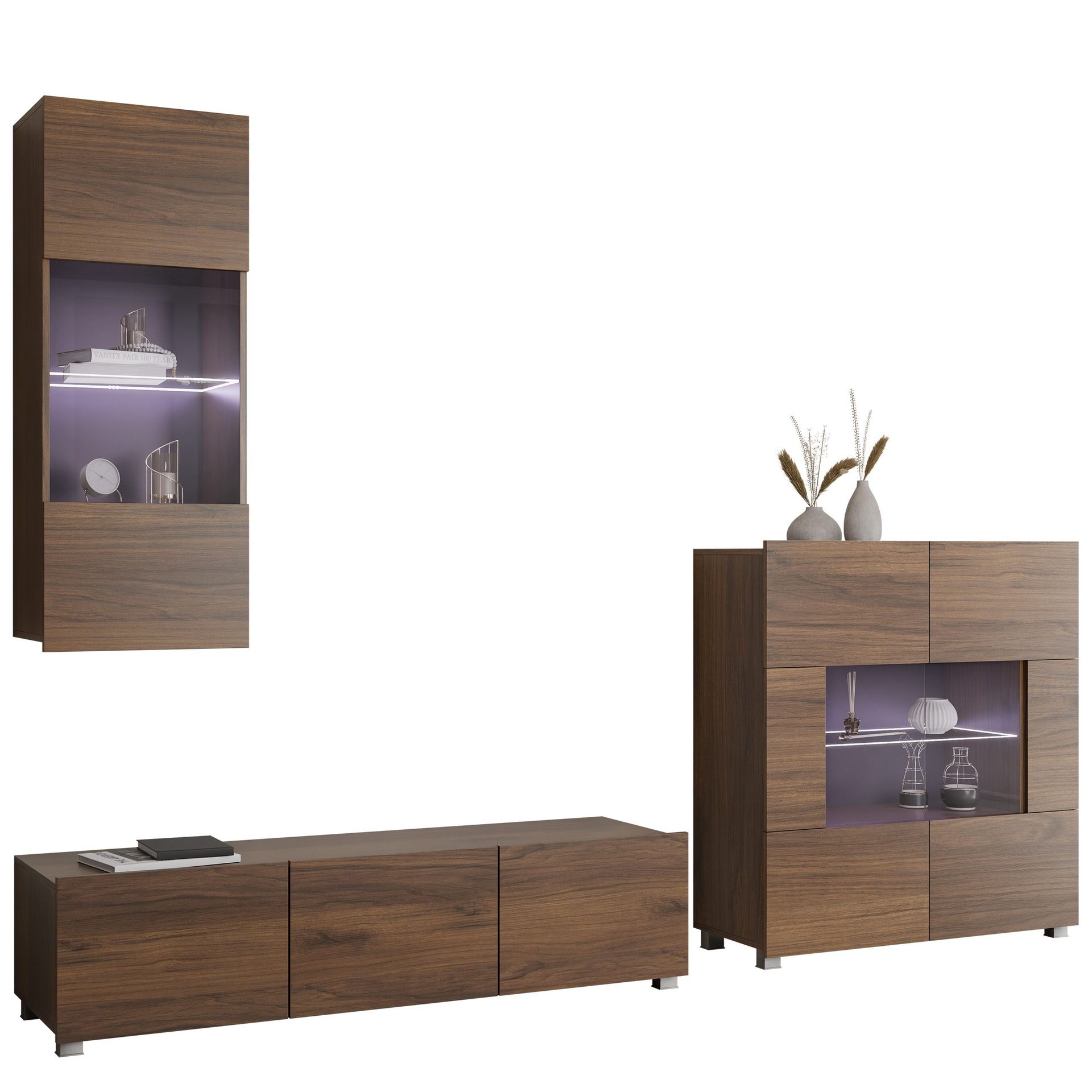 Tessan TV-veggseksjon med LED-belysning - brun