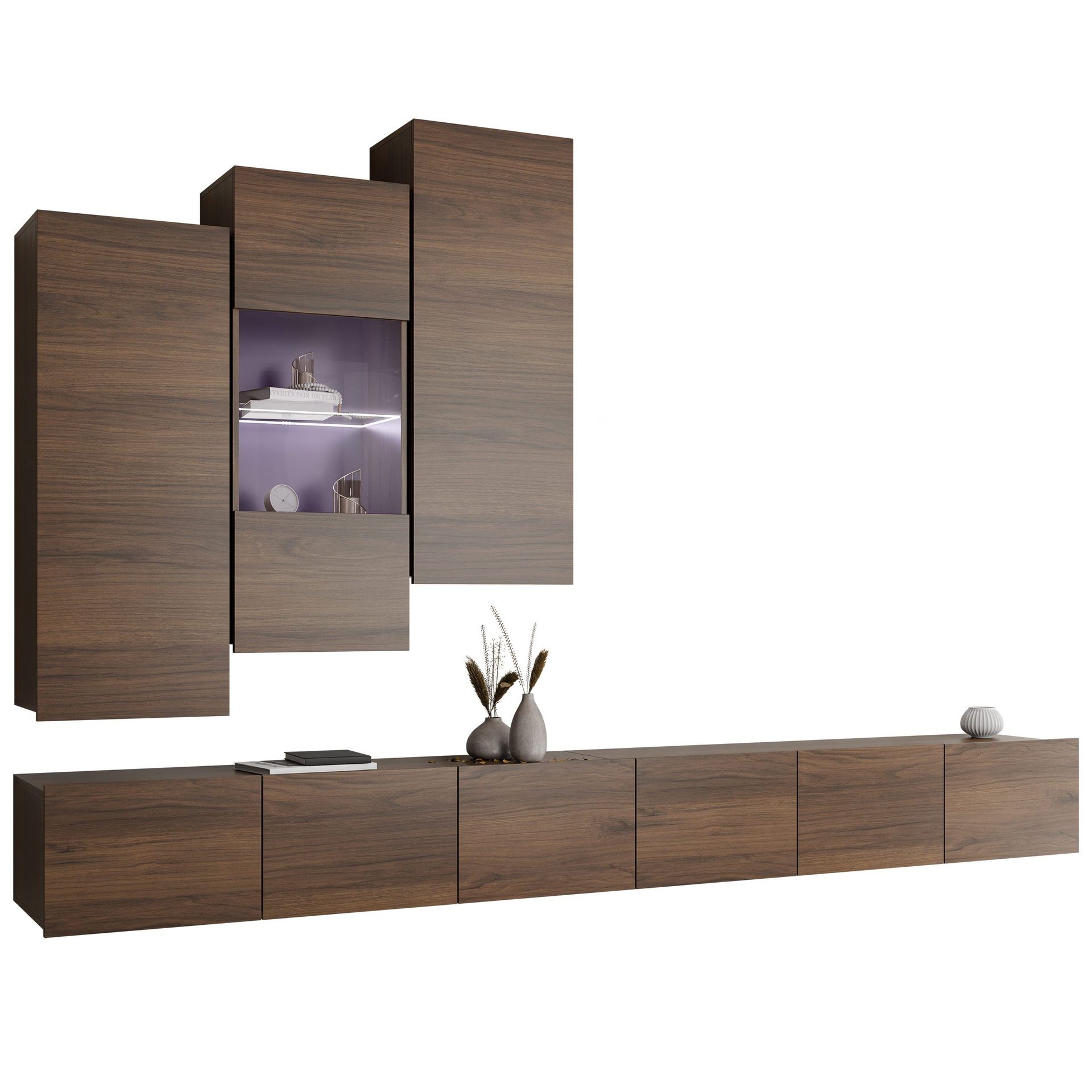 Tessan TV-veggseksjon med LED-belysning - brun