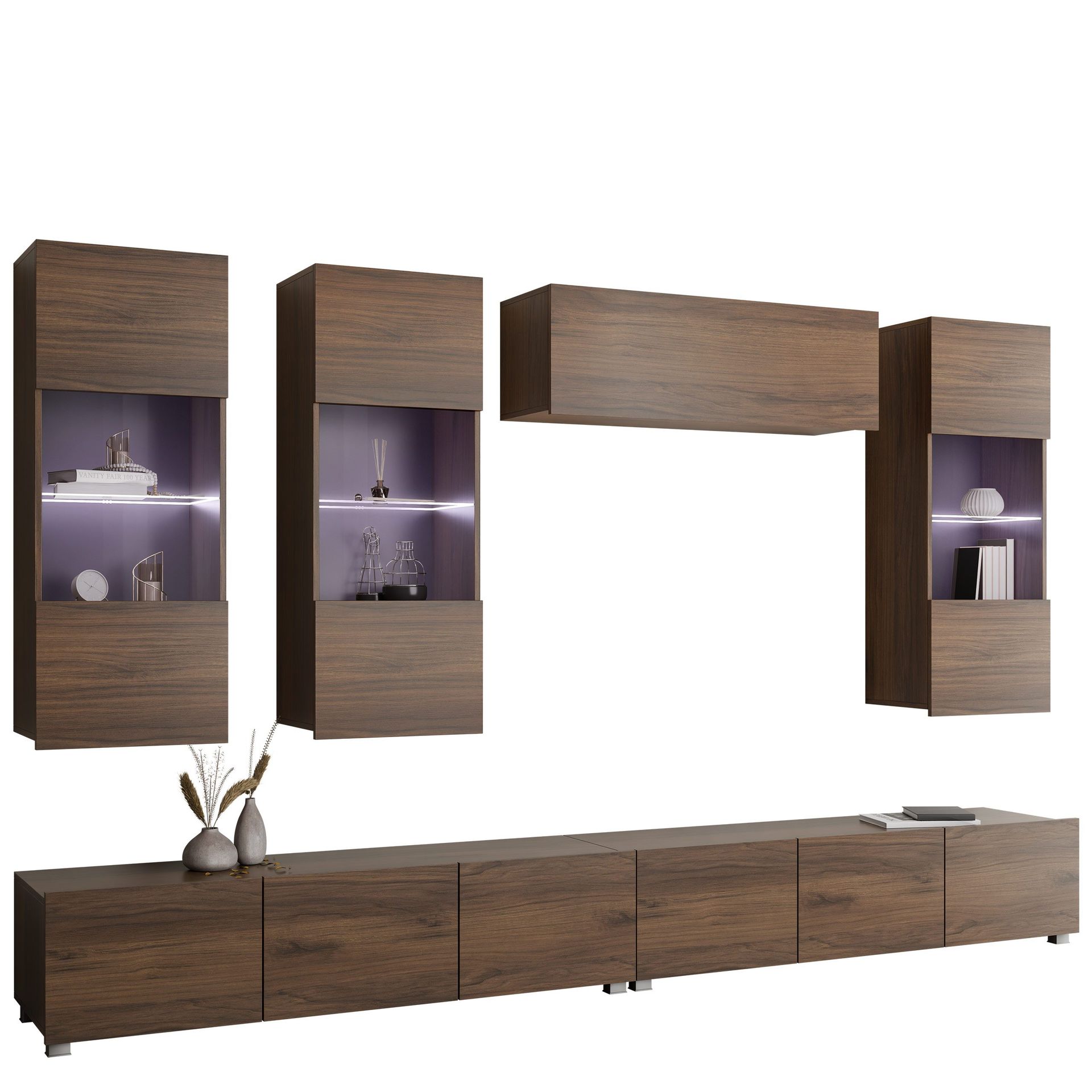 Tessan TV-veggseksjon med LED-belysning - brun