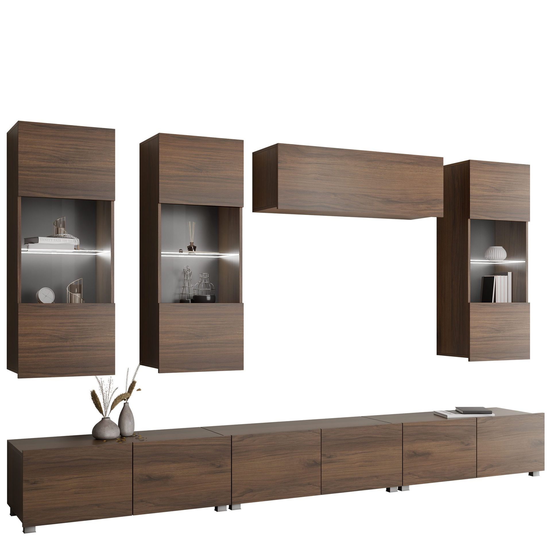 Tessan TV-veggseksjon med LED-belysning - brun