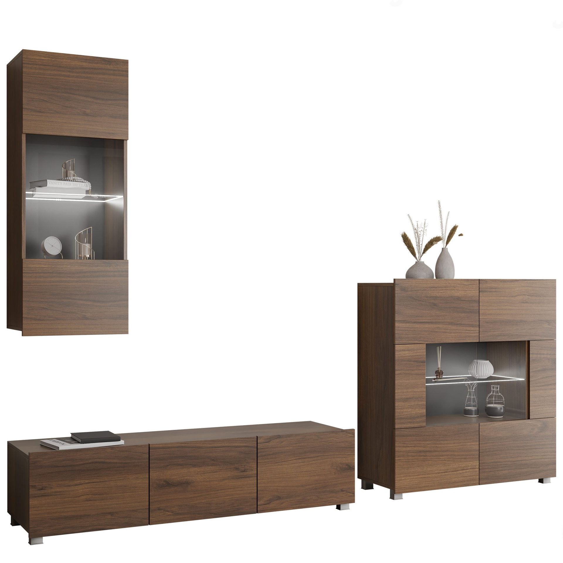 Tessan TV-veggseksjon med LED-belysning - brun