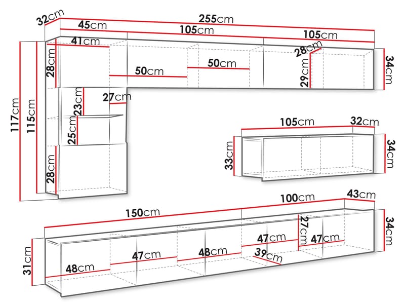 Tessan TV-veggseksjon med LED-belysning - brun - M øbler - Mediamøbel & tv møbel - TV-møbelsett