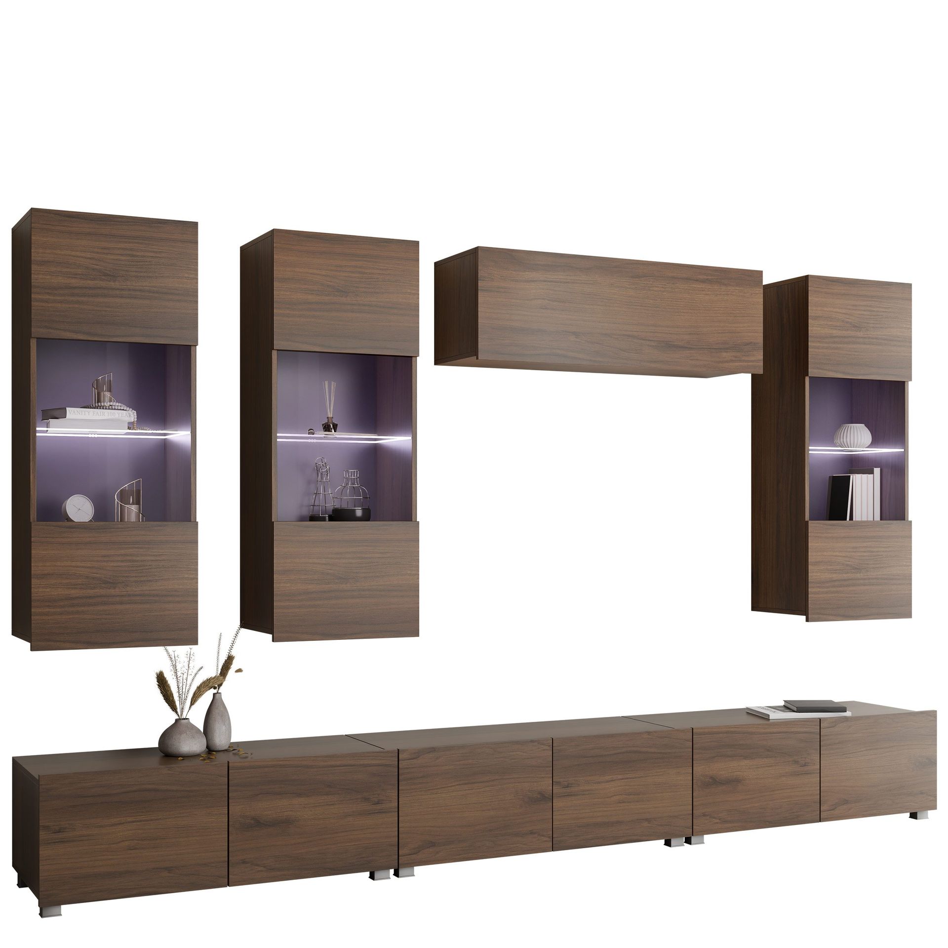 Tessan TV-veggseksjon med LED-belysning - brun