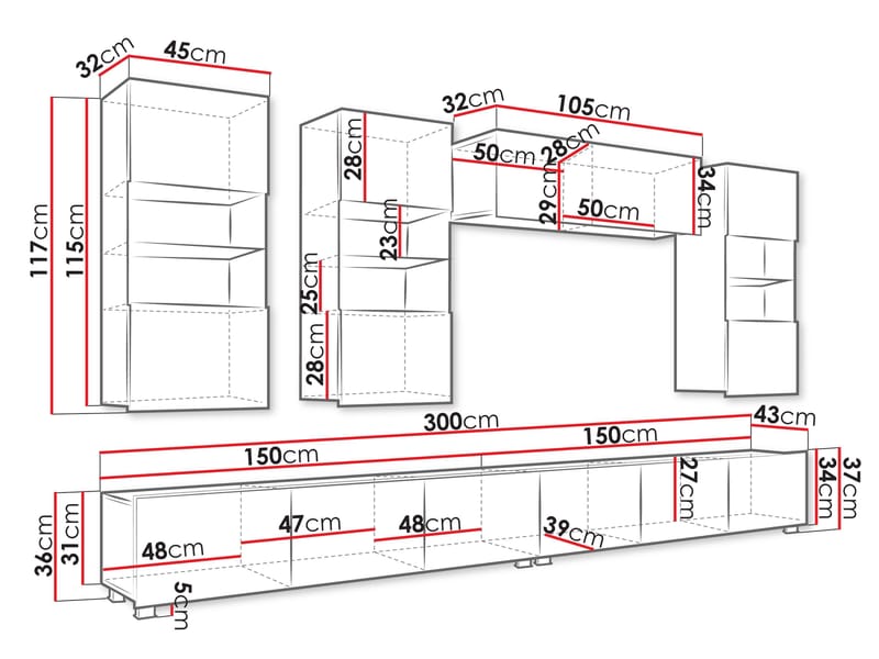 Tessan TV-veggseksjon med LED-belysning - brun - M øbler - Mediamøbel & tv møbel - TV-møbelsett