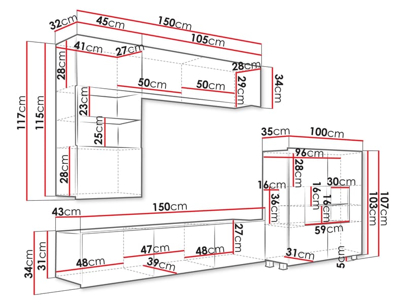 Tessan TV-veggseksjon med LED-belysning - brun - Møbler - Mediamøbel & tv møbel - TV-møbelsett