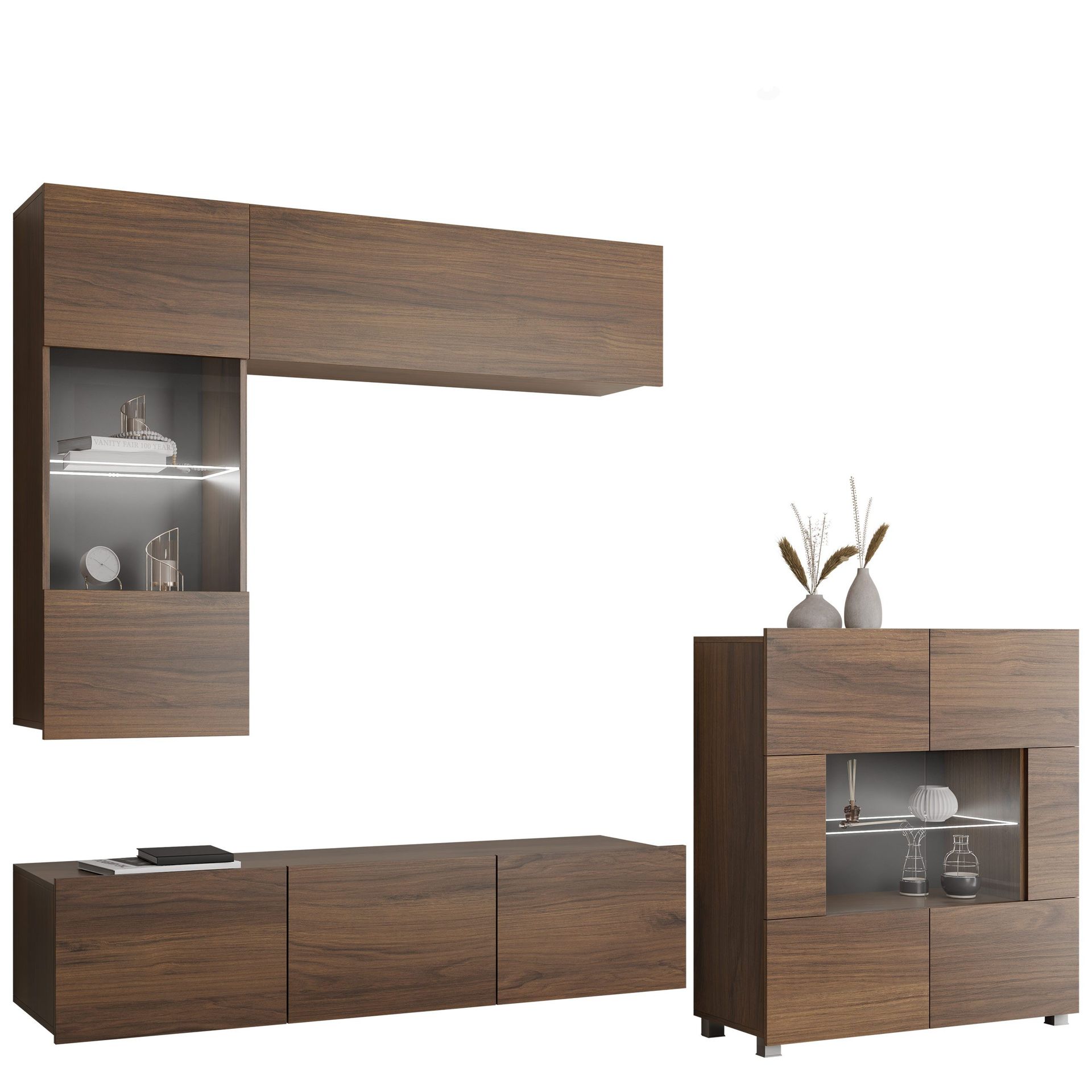 Tessan TV-veggseksjon med LED-belysning - brun