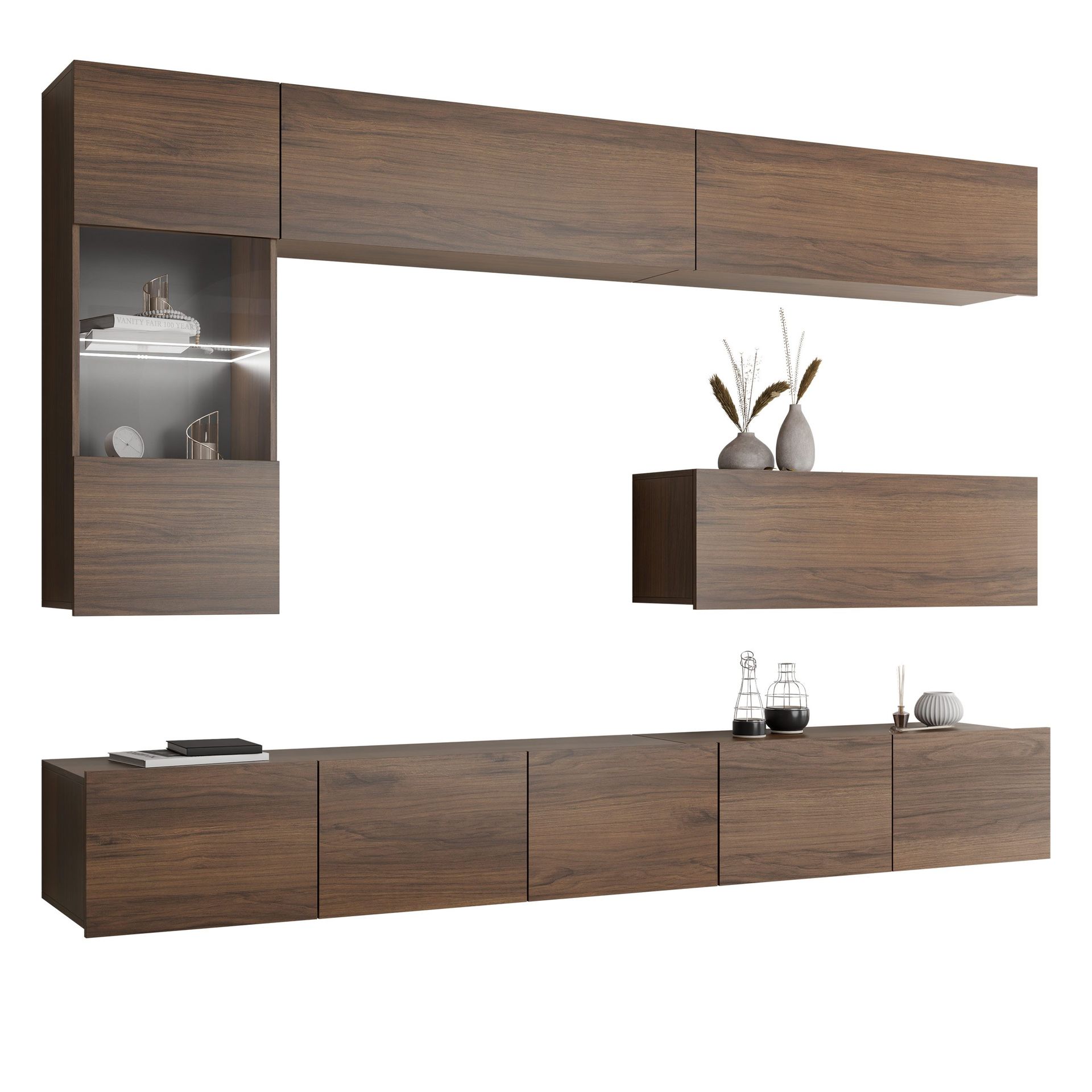 Tessan TV-veggseksjon med LED-belysning - brun