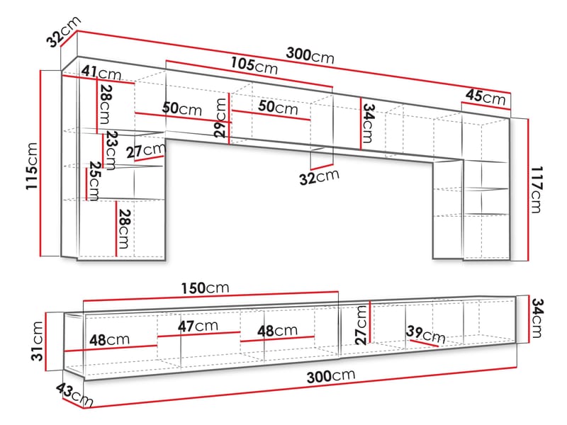 Tessan TV-veggseksjon med LED-belysning - hvit - M øbler - Mediamøbel & tv møbel - TV-møbelsett
