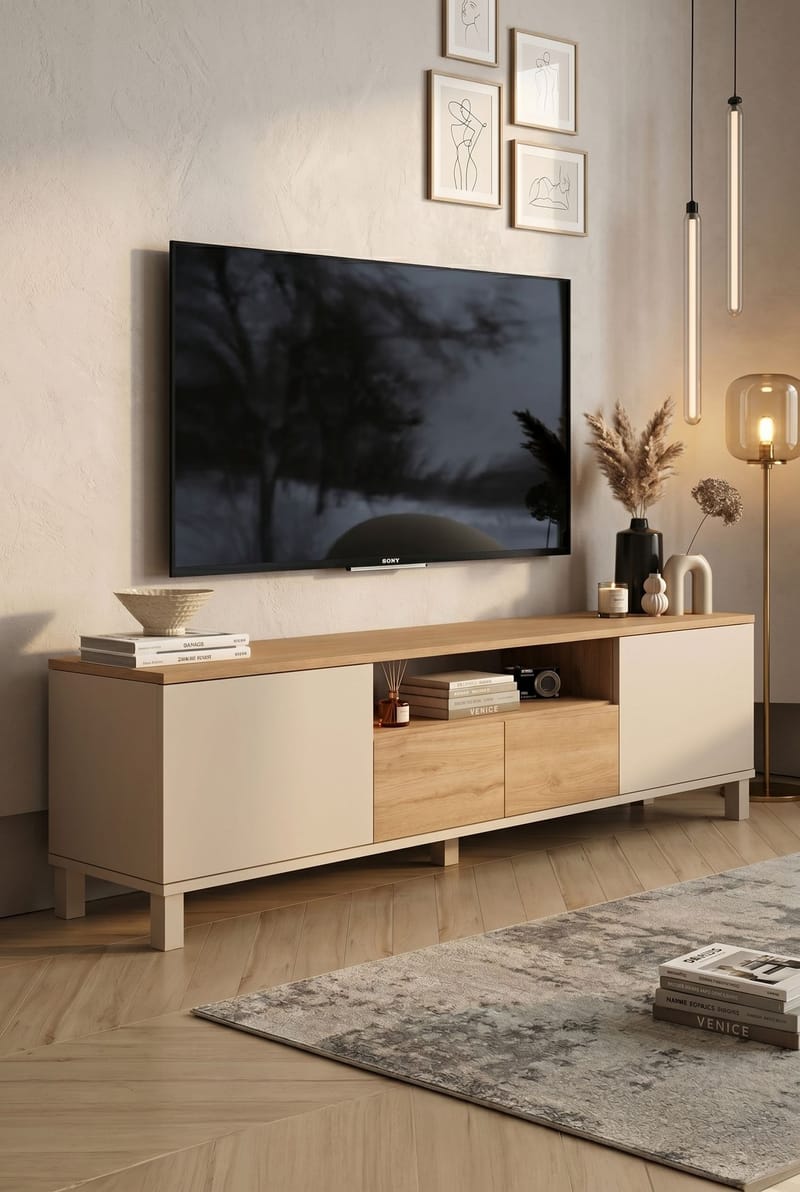 TV-benk Hanah Home Mood (180 x 49,2 x 35 cm) Sand Oak - Sand og eik - Møbler - Mediamøbel & tv møbel - TV-benk & mediabenk