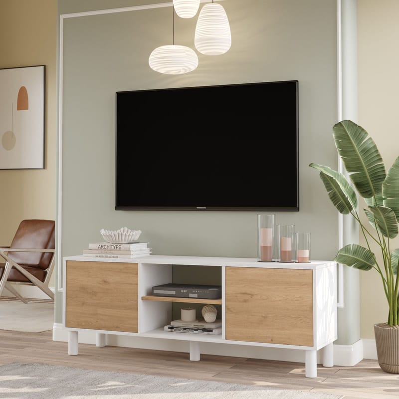 TV-benk Homitis Alston (160 x 59,1 x 40 cm) Hvit eik - Møbler - Mediamøbel & tv møbel - TV-benk & mediabenk
