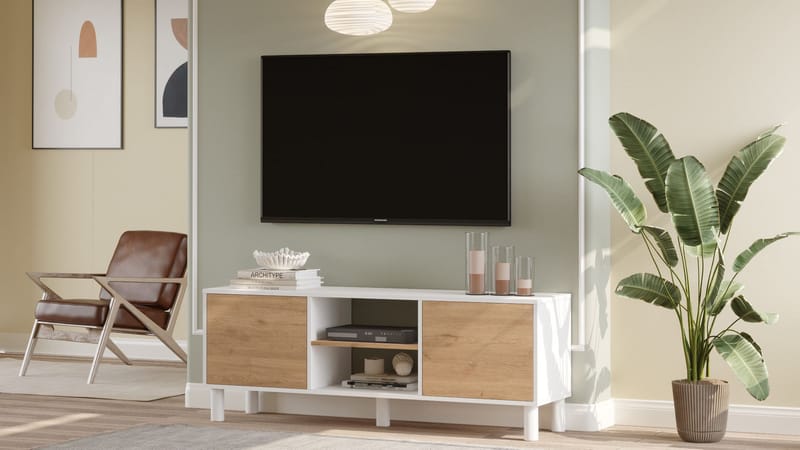 TV-benk Homitis Alston (160 x 59,1 x 40 cm) Hvit eik - Møbler - Mediamøbel & tv møbel - TV-benk & mediabenk